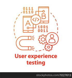 User experience testing concept icon. UX. Software development. Information technology. Correction of error in application idea thin line illustration. Vector isolated outline drawing