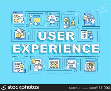 User experience word concepts banner. Interact with product, service. Infographics with linear icons on turquoise background. Isolated creative typography. Vector outline color illustration with text. User experience word concepts banner
