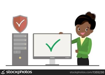 User female and PC computer with security shield,african american woman programmer or admin office worker, isolated on white background,simple flat style design,vector illustration