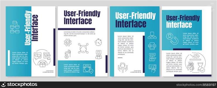User friendly blue interface brochure template. Website development. Leaflet design with linear icons. Editable 4 vector layouts for presentation, annual reports. Anton, Lato-Regular fonts used. User friendly blue interface brochure template