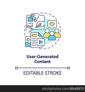 User generated content concept icon. Ads creative. Social media advertising tip abstract idea thin line illustration. Isolated outline drawing. Editable stroke. Arial, Myriad Pro-Bold fonts used. User generated content concept icon