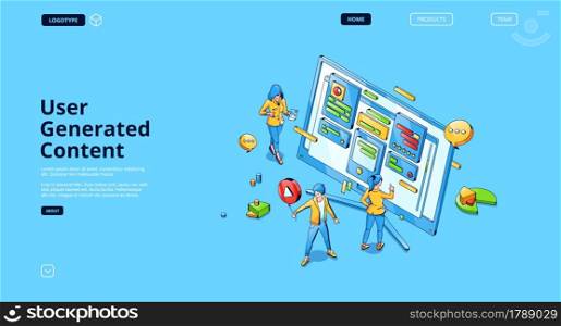 User generated content isometric landing page, tiny people around of huge computer desktop with graphs and files, consumers create media, news and article for internet community, 3d vector web banner. User generated content isometric landing page.