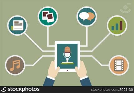 User holding tablet pc with audio podcast vector image