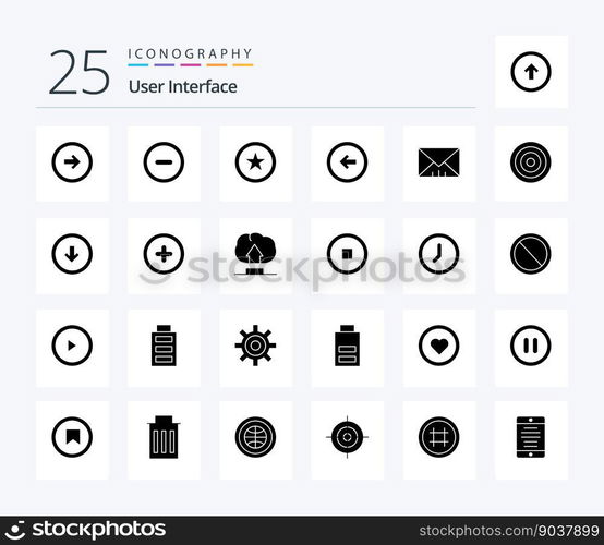 User Interface 25 Solid Glyph icon pack including message. left. favorite. user interface. button