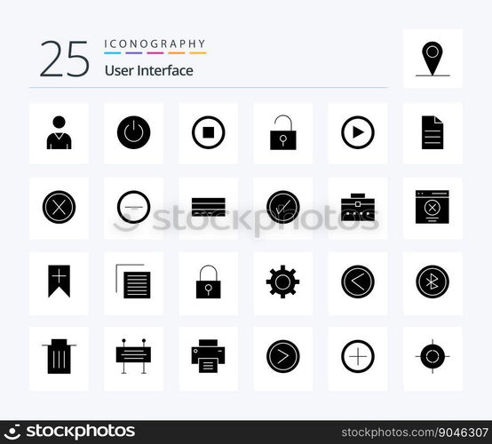 User Interface 25 Solid Glyph icon pack including user. interface. basic. video. unlocked