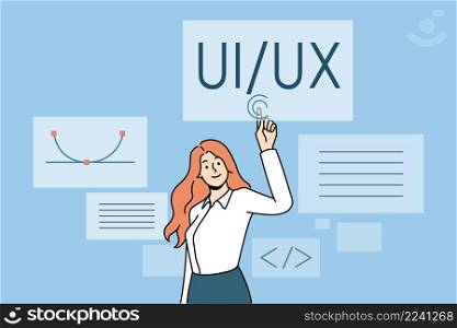 User interface and experience concept. Young woman web designer computer programmer standing and pointing at ui ux vector illustration . User interface and experience concept.