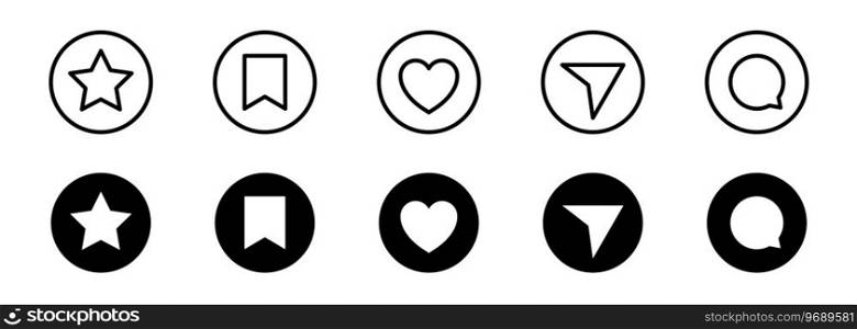 User interface buttons. Share, save, like and comment icon set. Social media buttons. Vector EPS 10