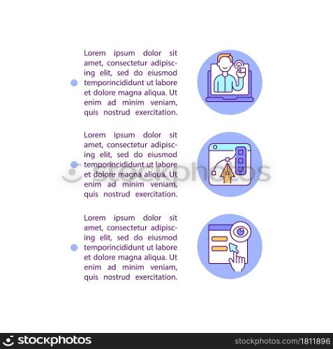 User interface concept line icons with text. PPT page vector template with copy space. Brochure, magazine, newsletter design element. Interaction with website, software linear illustrations on white. User interface concept line icons with text