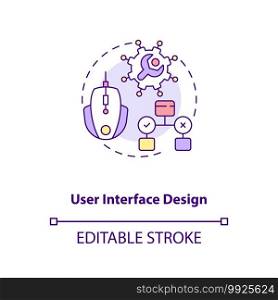 User interface design concept icon. Game designer skills. Interface elements that are easy to access. Creation idea thin line illustration. Vector isolated outline RGB color drawing. Editable stroke. User interface design concept icon