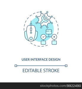 User interface design concept icon. Game designer skills. Interface elements that are friendly to user. Creation idea thin line illustration. Vector isolated outline RGB color drawing. Editable stroke. User interface design concept icon