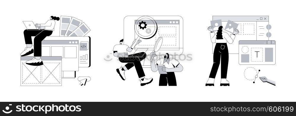 User interface development abstract concept vector illustration set. Interface design, user research, layout, landing page, responsive design, usability test, online survey, abstract metaphor.. User interface development abstract concept vector illustrations.