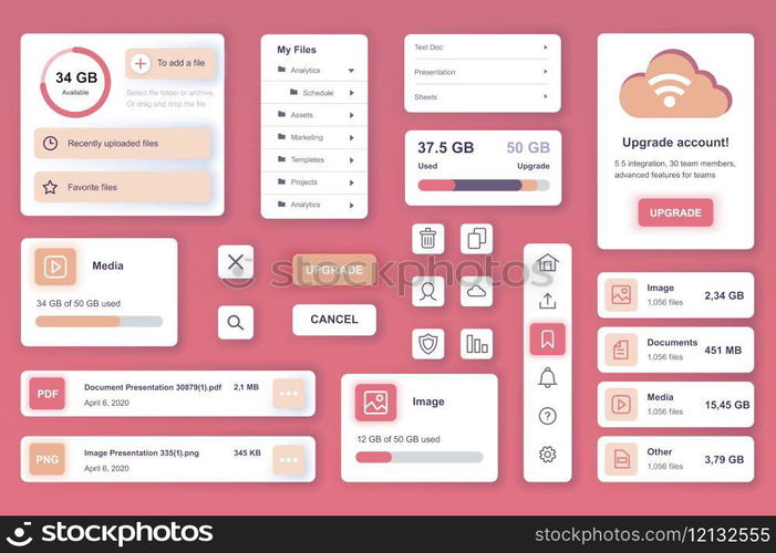 User interface elements set for Cloud storage mobile app or web. Kit template with HUD, file management, online security system, account upgrade, hosting data. Pack of UI, UX, GUI. Vector components.
