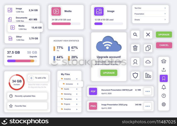 User interface elements set for cloud technology mobile app. Kit template with HUD diagrams, files management, storage system, content information. Pack of UI, UX, GUI screens. Vector components.