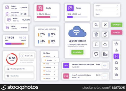 User interface elements set for cloud technology mobile app. Kit template with HUD diagrams, files management, storage system, content information. Pack of UI, UX, GUI screens. Vector components.