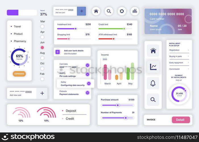 User interface elements set for data analysis mobile app. Kit template with HUD diagrams, statistic charts, financial report, credit card, performance. Pack of UI, UX, GUI screens. Vector components.