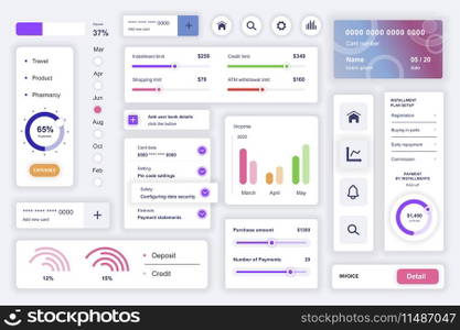 User interface elements set for data analysis mobile app. Kit template with HUD diagrams, statistic charts, financial report, credit card, performance. Pack of UI, UX, GUI screens. Vector components.
