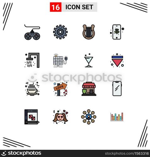 User Interface Pack of 16 Basic Flat Color Filled Lines of bath, mobile, culture, eco, nation Editable Creative Vector Design Elements