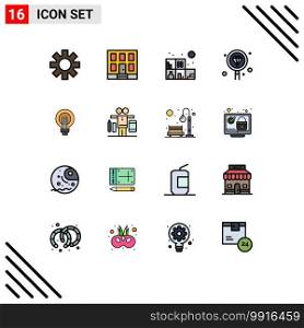 User Interface Pack of 16 Basic Flat Color Filled Lines of business, bulb, living, search, development Editable Creative Vector Design Elements