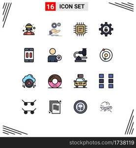 User Interface Pack of 16 Basic Flat Color Filled Lines of devices, cellphone, services, settings, protection Editable Creative Vector Design Elements