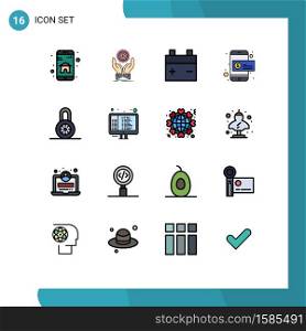 User Interface Pack of 16 Basic Flat Color Filled Lines of padlock, money, income, mobile payment, coin Editable Creative Vector Design Elements
