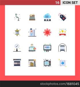 User Interface Pack of 16 Basic Flat Colors of celebration, add, network, tag, cloud Editable Pack of Creative Vector Design Elements