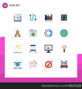 User Interface Pack of 16 Basic Flat Colors of complete, tent, books, c&, kitchen Editable Pack of Creative Vector Design Elements