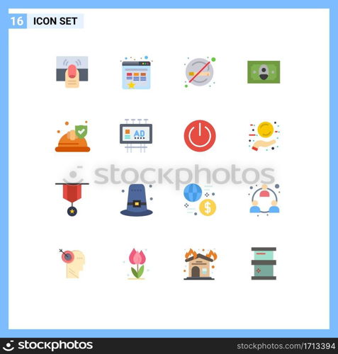 User Interface Pack of 16 Basic Flat Colors of security, hat, healthcare, money, cash Editable Pack of Creative Vector Design Elements