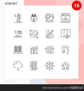 User Interface Pack of 16 Basic Outlines of beach, machine, man, device, time Editable Vector Design Elements