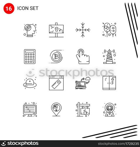 User Interface Pack of 16 Basic Outlines of calculator, party, party, love, air Editable Vector Design Elements
