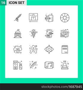 User Interface Pack of 16 Basic Outlines of city, travel, media player, holiday, logout Editable Vector Design Elements
