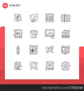 User Interface Pack of 16 Basic Outlines of design, s&le, document, medicine, health Editable Vector Design Elements