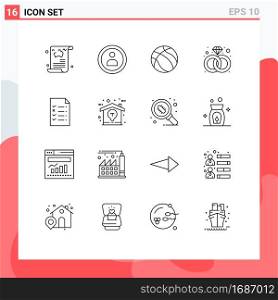 User Interface Pack of 16 Basic Outlines of education, document, ball, ring, diamond Editable Vector Design Elements
