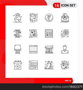 User Interface Pack of 16 Basic Outlines of email, contract, currency, mail, rupee Editable Vector Design Elements