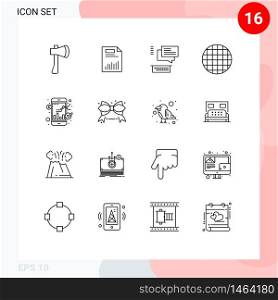 User Interface Pack of 16 Basic Outlines of food, chating, chart, conversation, statistics Editable Vector Design Elements