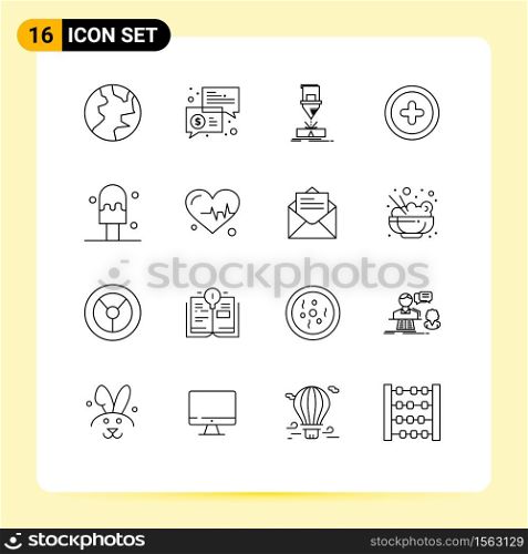 User Interface Pack of 16 Basic Outlines of ice, user, cutting, plus, steel Editable Vector Design Elements