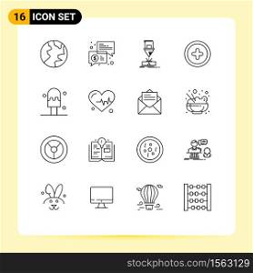 User Interface Pack of 16 Basic Outlines of ice, user, cutting, plus, steel Editable Vector Design Elements