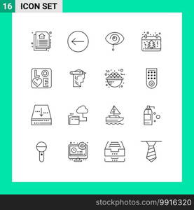 User Interface Pack of 16 Basic Outlines of love, xmas, eye, tree, date Editable Vector Design Elements