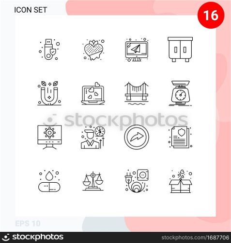 User Interface Pack of 16 Basic Outlines of magnet, furniture, heart, drawer, mail Editable Vector Design Elements