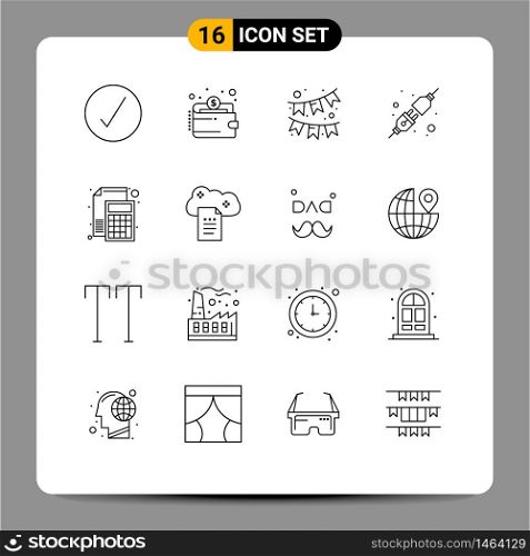 User Interface Pack of 16 Basic Outlines of math, calculator, celebration, accounting, plug Editable Vector Design Elements