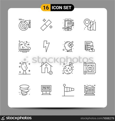 User Interface Pack of 16 Basic Outlines of power, instrument, card, grand, location Editable Vector Design Elements