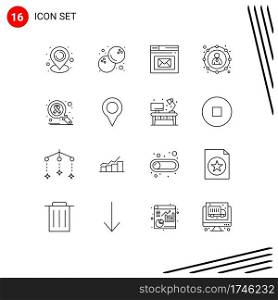 User Interface Pack of 16 Basic Outlines of search, infect, mail, money, economy Editable Vector Design Elements