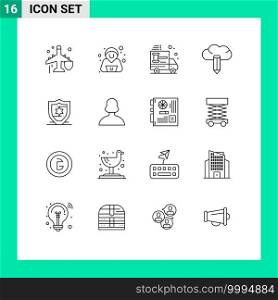 User Interface Pack of 16 Basic Outlines of shield, american, auction, pencil, cloud Editable Vector Design Elements