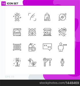 User Interface Pack of 16 Basic Outlines of sleep, hotel, handbag, bed, disk Editable Vector Design Elements