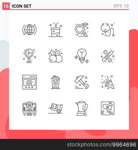 User Interface Pack of 16 Basic Outlines of traffic, city, raw information, stethoscope, cure Editable Vector Design Elements