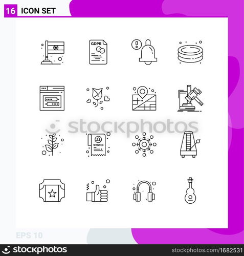 User Interface Pack of 16 Basic Outlines of web, internet, alarm, garden, swim Editable Vector Design Elements