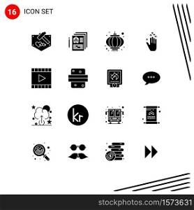 User Interface Pack of 16 Basic Solid Glyphs of multimedia, media, chinese, up, gesture Editable Vector Design Elements
