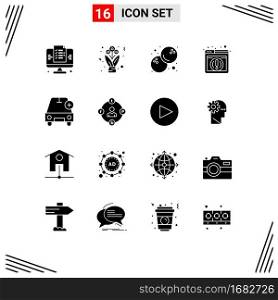 User Interface Pack of 16 Basic Solid Glyphs of plus, car, coconut, add, web Editable Vector Design Elements