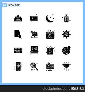 User Interface Pack of 16 Basic Solid Glyphs of research, travel, half moon, suitcase, case Editable Vector Design Elements
