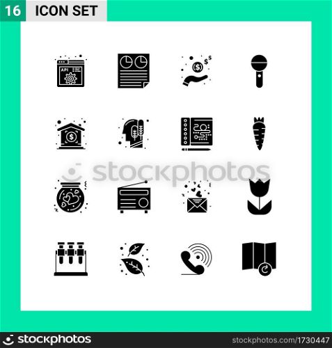 User Interface Pack of 16 Basic Solid Glyphs of sound, microphone, report, mic, cash Editable Vector Design Elements