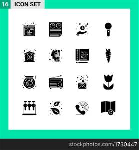 User Interface Pack of 16 Basic Solid Glyphs of sound, microphone, report, mic, cash Editable Vector Design Elements